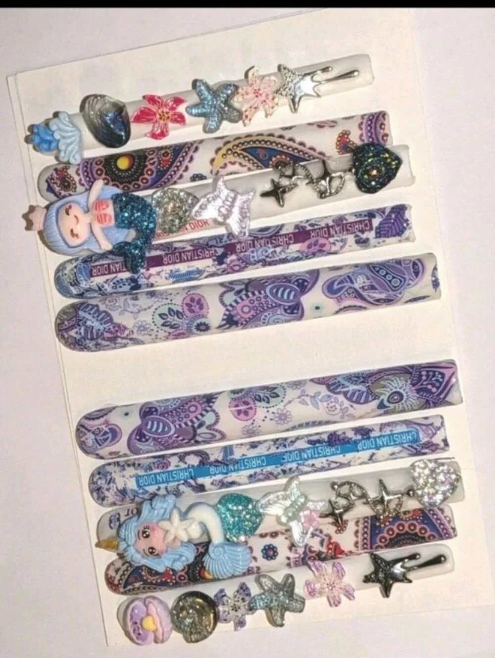 Hand CRAFTED Ladies Mermaid Press On  Nail  Set - Purple & Blue Paisley Sz Large